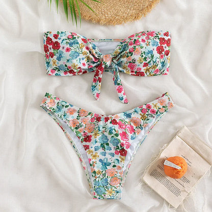 Floral Print Bandeau Bikini Set Off Shoulder Push Up Swimsuit Women Tube Top Bikinis Knot Swimwear 2024 Sexy Summer Bathing Suit