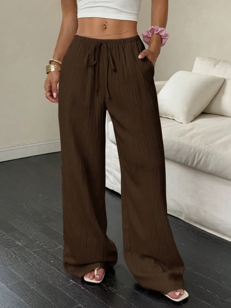 Summer 2025 Women's Casual Solid Color Texture Fabric Waist Belted Side Pocket Wide Leg Pants New Cross-Border Style