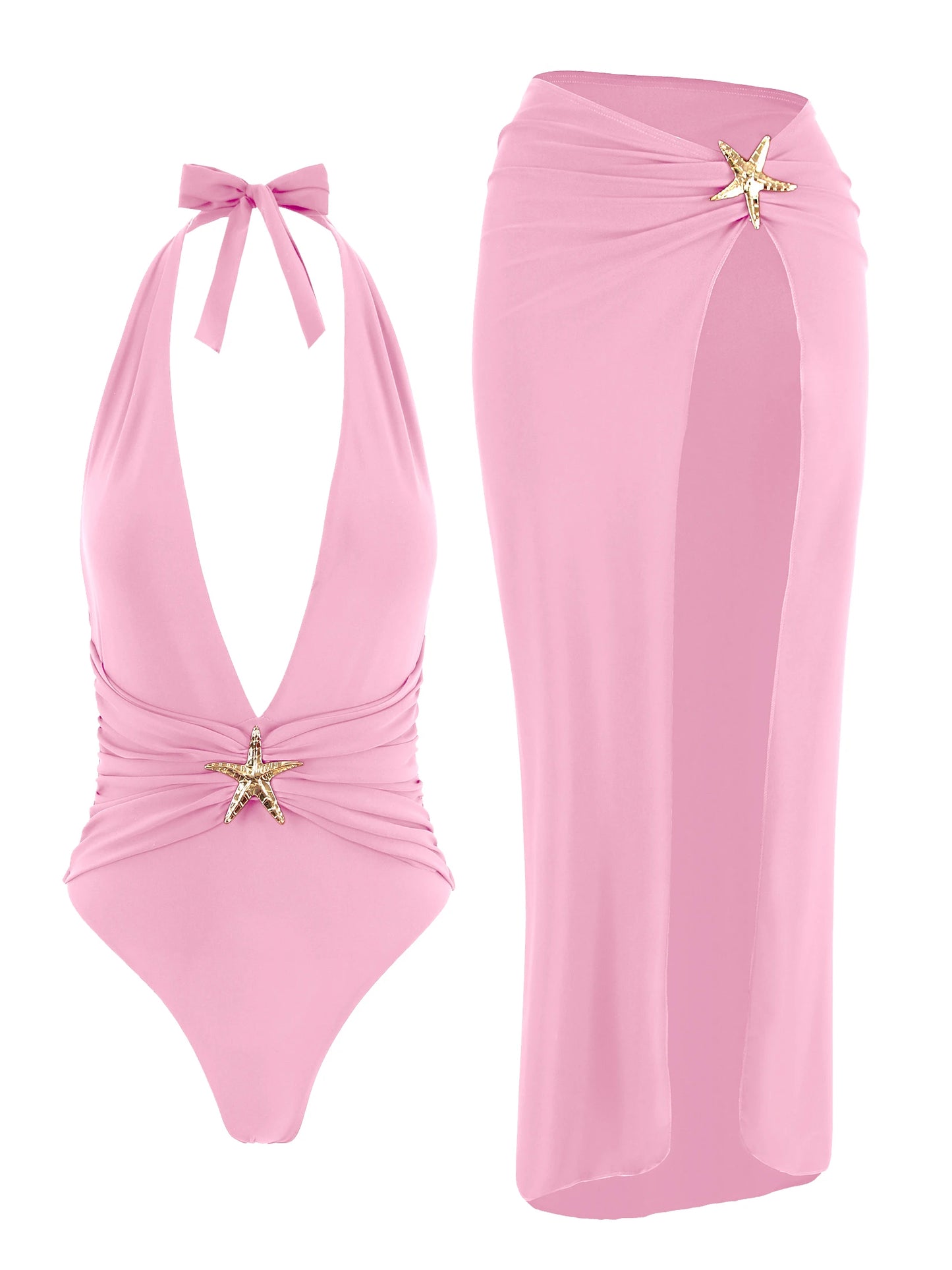 Starfish One Piece Bathing Suits with High Split Skirt Cover ups 2 Piece Swimsuits for Elegant Women Sexy Halter Bikini Sets K59