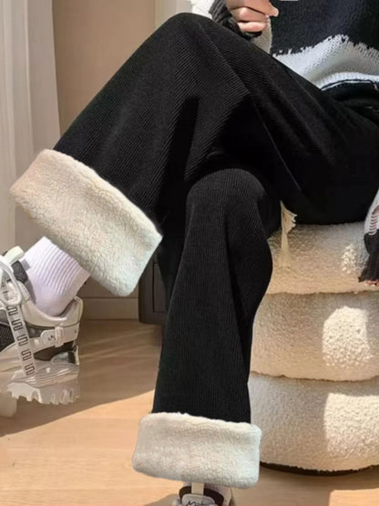 High Waist Wide Leg Pants Women's Autumn Winter Flannel Fce Lined Straight Cut Trousers Casual High Waist Pants