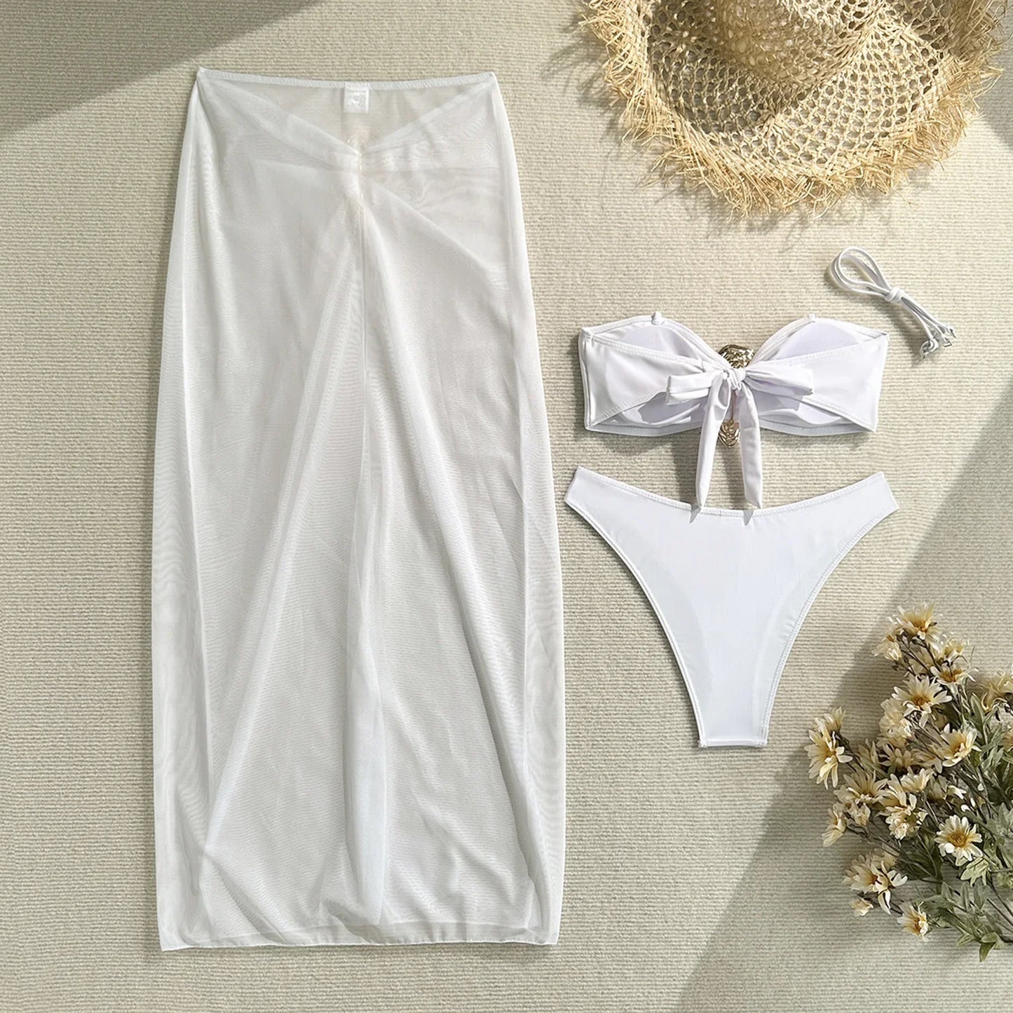 Vintage White Swimsuit Women Metal Oyster Buckle Push Up Mesh Long Skirt 3 Piece Bikini Set 2025 Holiday Bathing Suit Swimwear