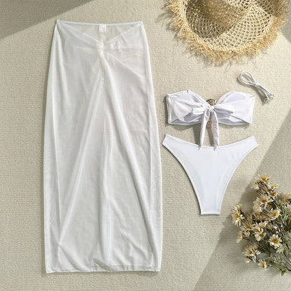 Vintage White Swimsuit Women Metal Oyster Buckle Push Up Mesh Long Skirt 3 Piece Bikini Set 2025 Holiday Bathing Suit Swimwear