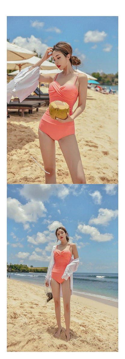 2024 Women One Piece Swimsuit Korean Red Beach Wear Tummy Control Bathing Suit Female Backless Monokini Padded Swimming Pool