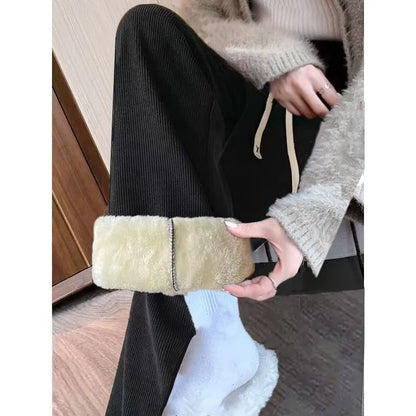 High Waist Wide Leg Pants Women's Autumn Winter Flannel Fce Lined Straight Cut Trousers Casual High Waist Pants