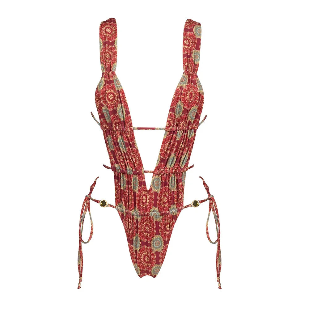 2025 New High Quality Elegant One Piece Swimsuit And Skirt Print Deep-V Lace-up Women Bikini Set Swimwear Party Bathing Suit