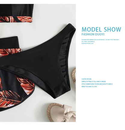 Women 2025 New Bikinis 6 Colors Sexy Halter Bikini 3 Piece Set Leafs Print High Waisted Swimsuit Beach Bathing Suit Size S-XXL