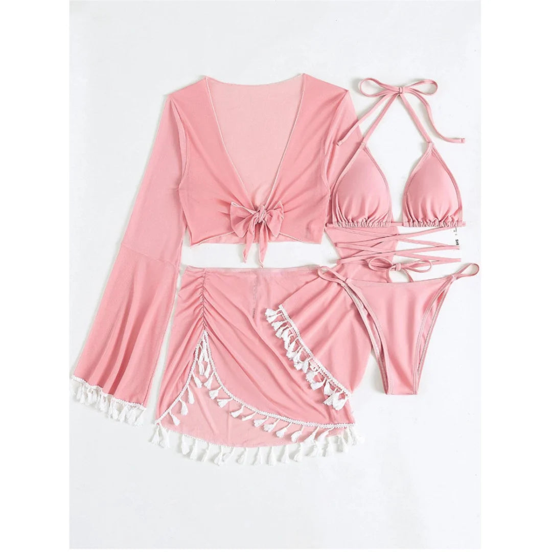 S - XL With Tassel Skirt Long Sleeve Bikini Women Swimwear Female Swimsuit Four-pieces Bikini set Bather Bathing Suit Swim V7060