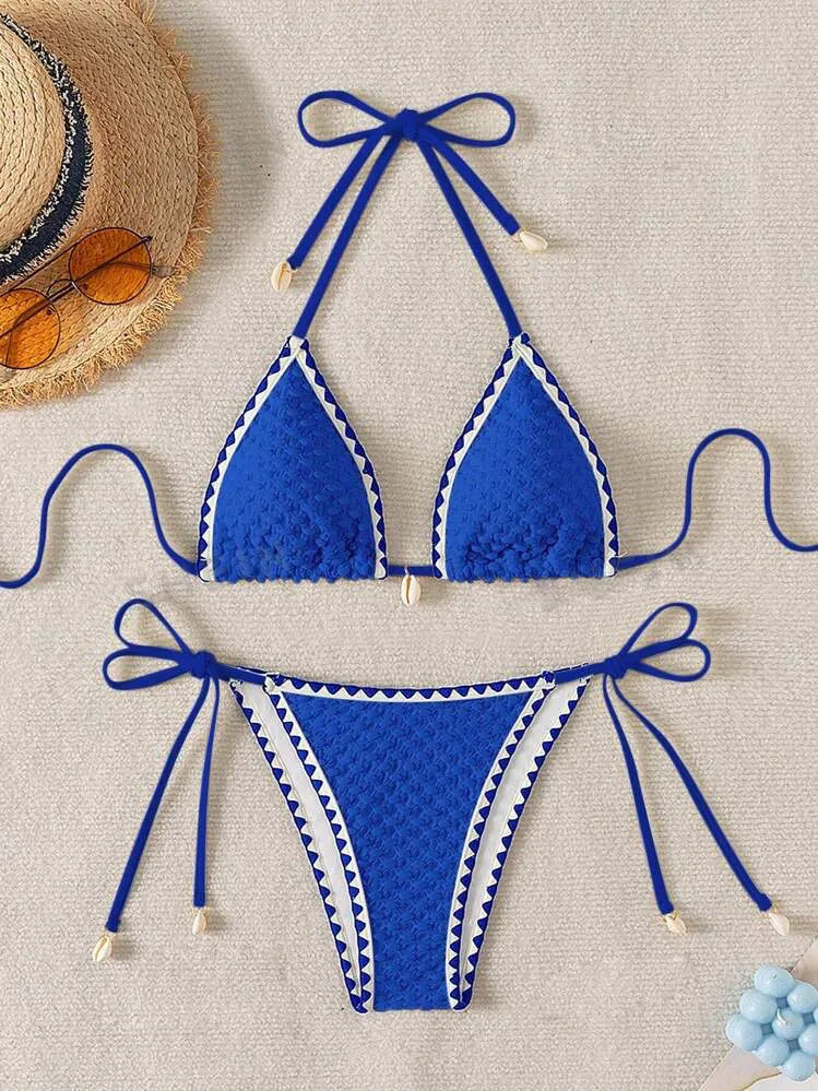 Sexy Halter Wrinkled Weave Bikini Set Shell Designer Swimsuit Women Push Up Micro Bikinis Summer Bathing Suit Swim Beach Wear