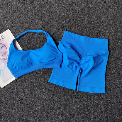 2 Pieces Yoga Suit for Women Seamless Fitness Gym Clothes Halter Sports Bra Matching Impact Shorts Workout Sets Gym Set Outfit