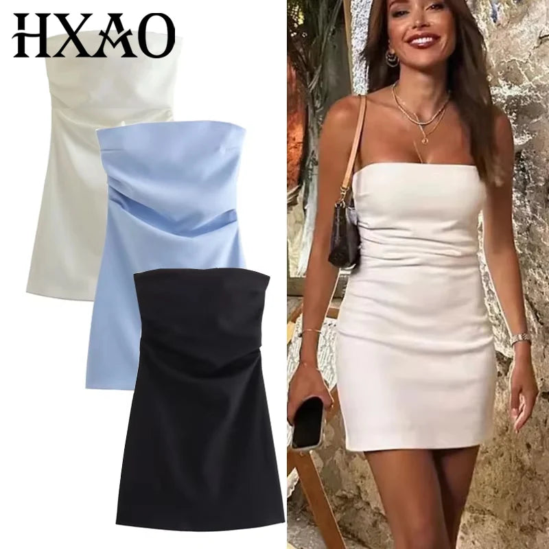 HXAO Dress Women Off Shoulder Corset Short Dresses Ruched Backless Blue Black White Dress Woman Sexy Bodycon Party Dresses