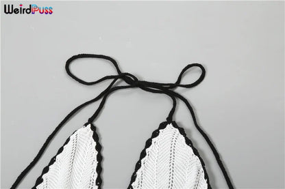 Weird Puss Sexy Elegant Halter Dress Women Summer Backless Lace-Up Color-Block Sleeveless Trendy Nightclub Wild Fashion Clothing