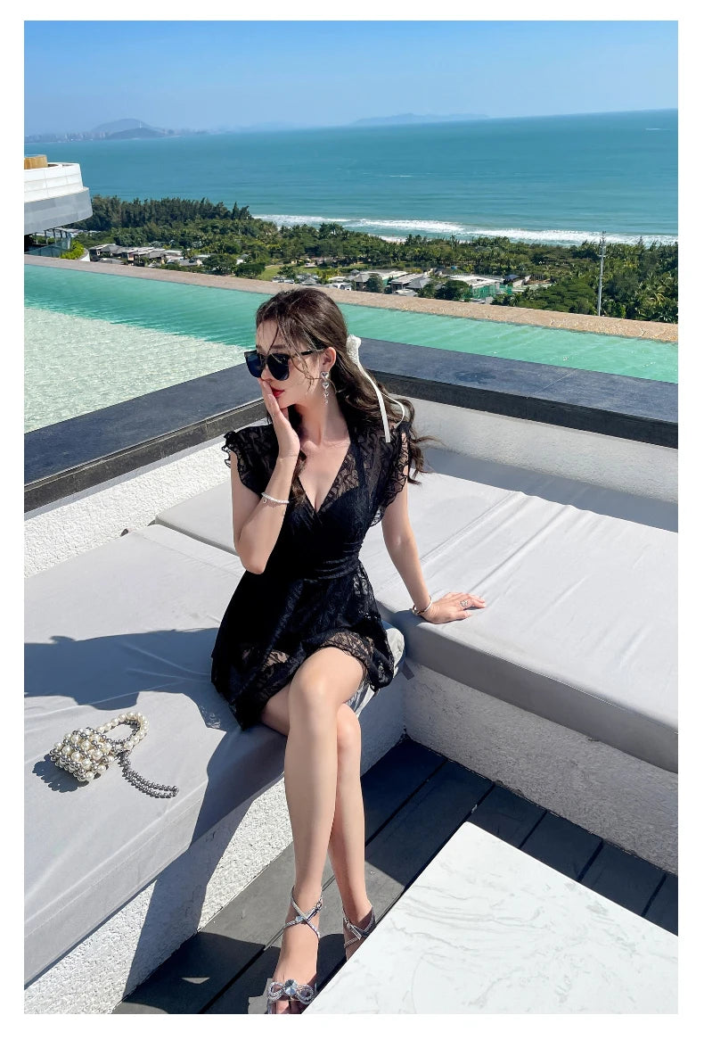 Ele Lace One-Piece Swimsuit Women's High Waist Brief Svel Slimming Thermal Bathing Suit Casual  Color Swimwear