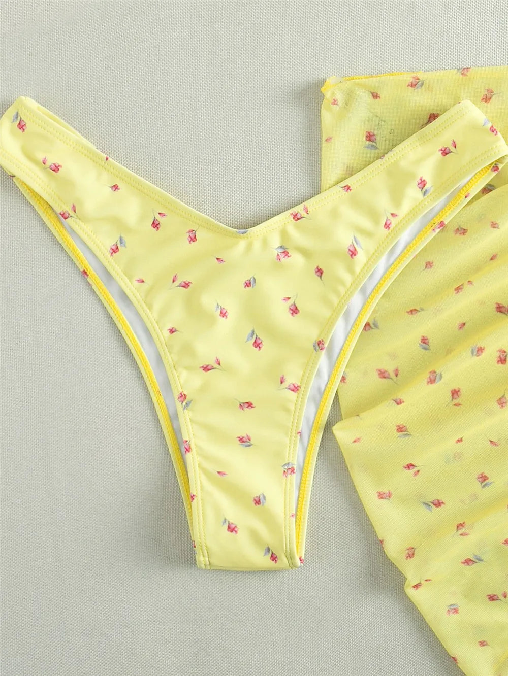 Yellow Floral Print Swimwear Mesh Cove Ups 3 Piece Bikini Set Damen Sexy Swimsuit Women 2026 Beach Wear Bikinis Swimming Wear