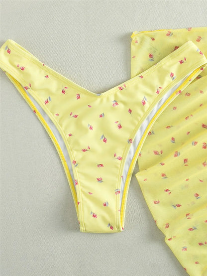 Yellow Floral Print Swimwear Mesh Cove Ups 3 Piece Bikini Set Damen Sexy Swimsuit Women 2026 Beach Wear Bikinis Swimming Wear