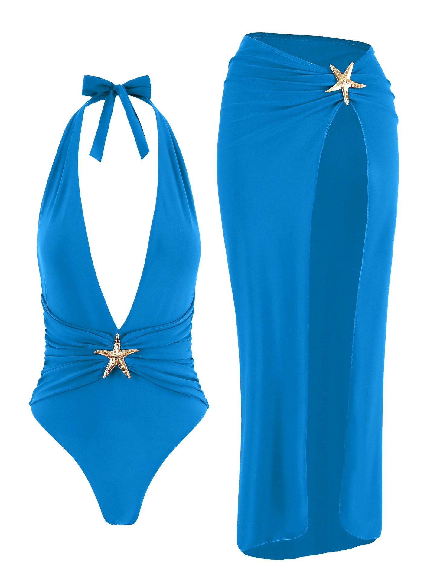 Starfish One Piece Bathing Suits with High Split Skirt Cover ups 2 Piece Swimsuits for Elegant Women Sexy Halter Bikini Sets K59