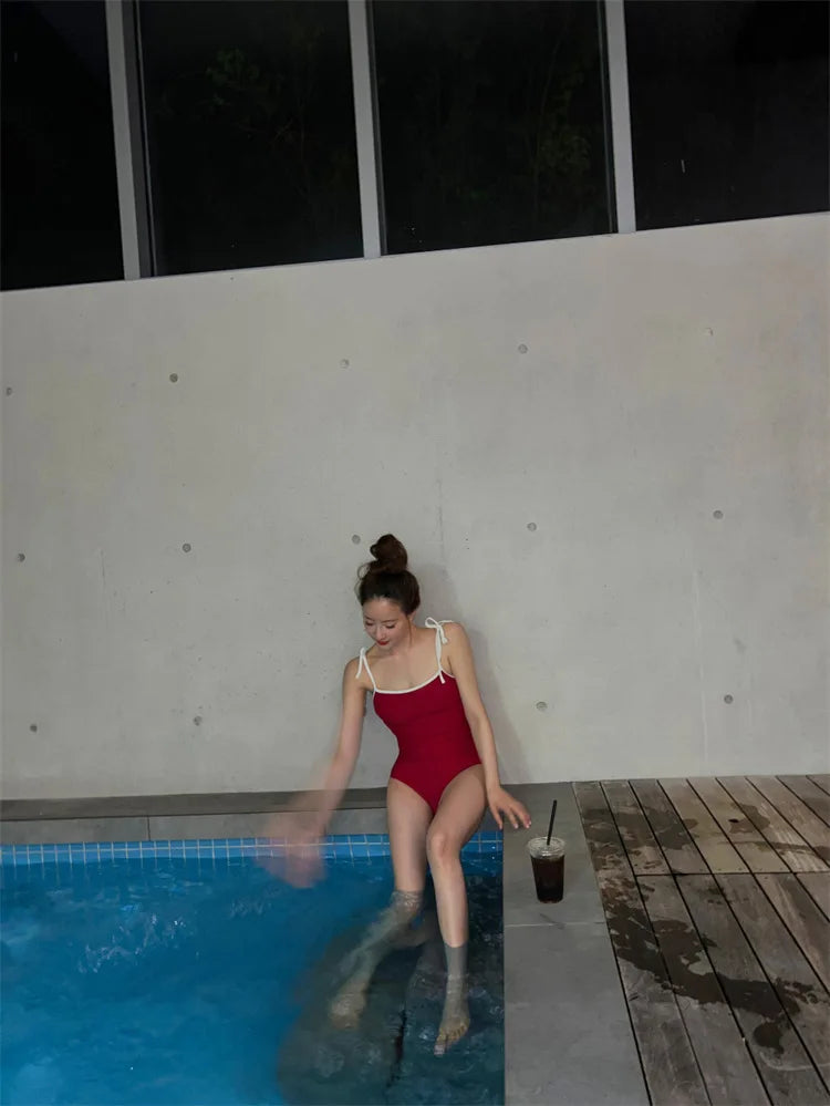 Korean Sexy Red One Piece Swimsuit Women Summer Bathing Suit Bikini Set Swimwear Female Beach Wear Tie Shoulder Swimming Suit