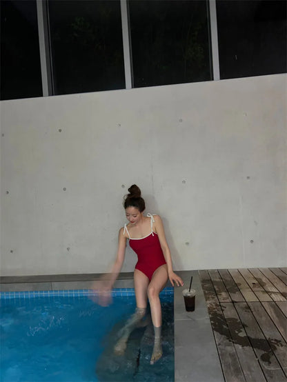 Korean Sexy Red One Piece Swimsuit Women Summer Bathing Suit Bikini Set Swimwear Female Beach Wear Tie Shoulder Swimming Suit