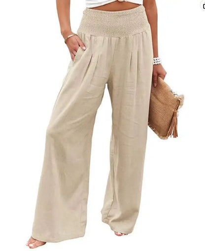 Women's casual pants with drawstring, mid waist, beach wide leg, spring and summer, European and American pants