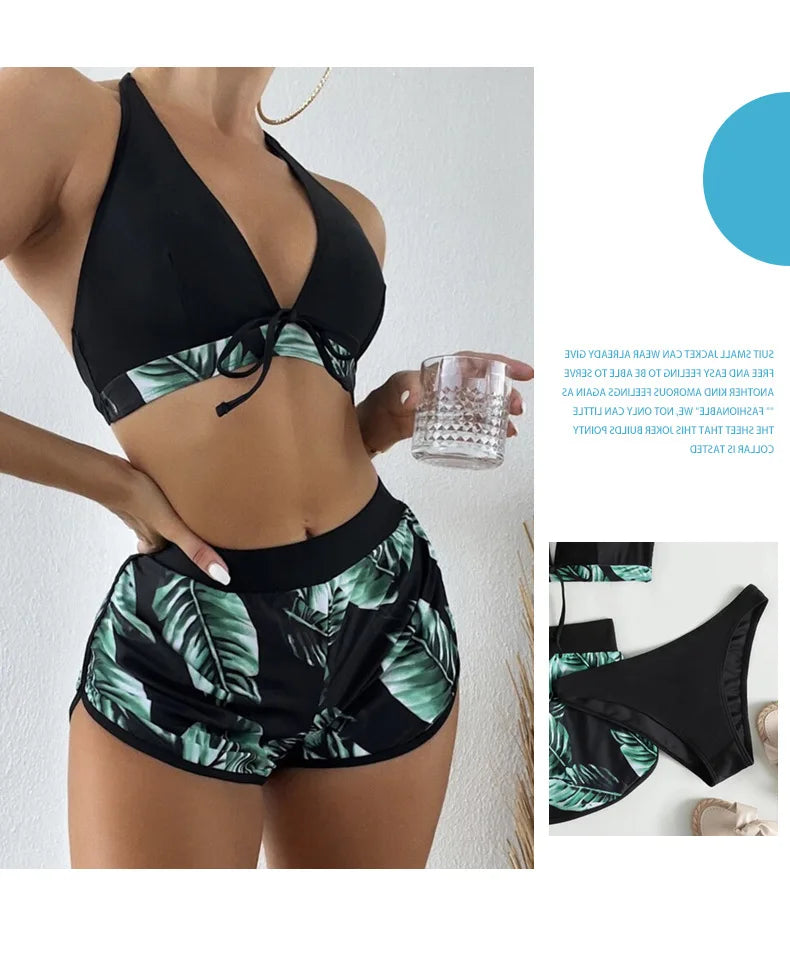 Women 2025 New Bikinis 6 Colors Sexy Halter Bikini 3 Piece Set Leafs Print High Waisted Swimsuit Beach Bathing Suit Size S-XXL