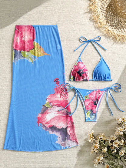 2025 New Flower Print Bikini Set Women's High Waist Long Skirt 3 Piece Swimsuit Sexy Mini Triangle Backless Thong Bathing Suit