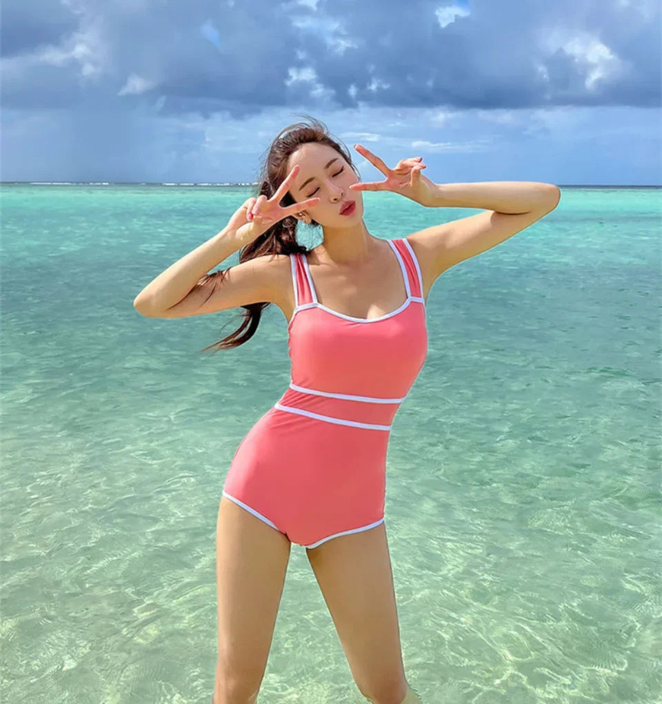 2024 Korean Fashion Swimwear Cute Candy Solid Color Strap High Waist Bandeau Bodysuit Women's Slim Bikini One Piece Swimsuit