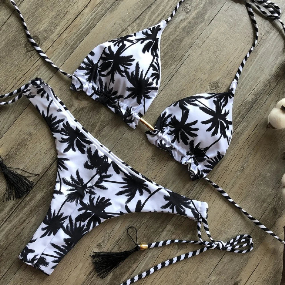 RUOTONSEPT Sexy Black And White Coconut Tree Printed Bikini Sets Women Swimsuit Triangle Halter Swimwear Bathing Suit Brazilian