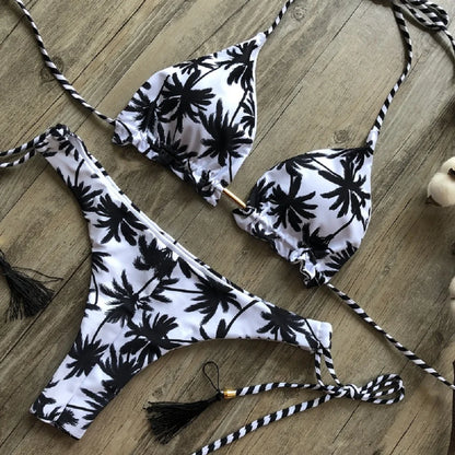 RUOTONSEPT Sexy Black And White Coconut Tree Printed Bikini Sets Women Swimsuit Triangle Halter Swimwear Bathing Suit Brazilian