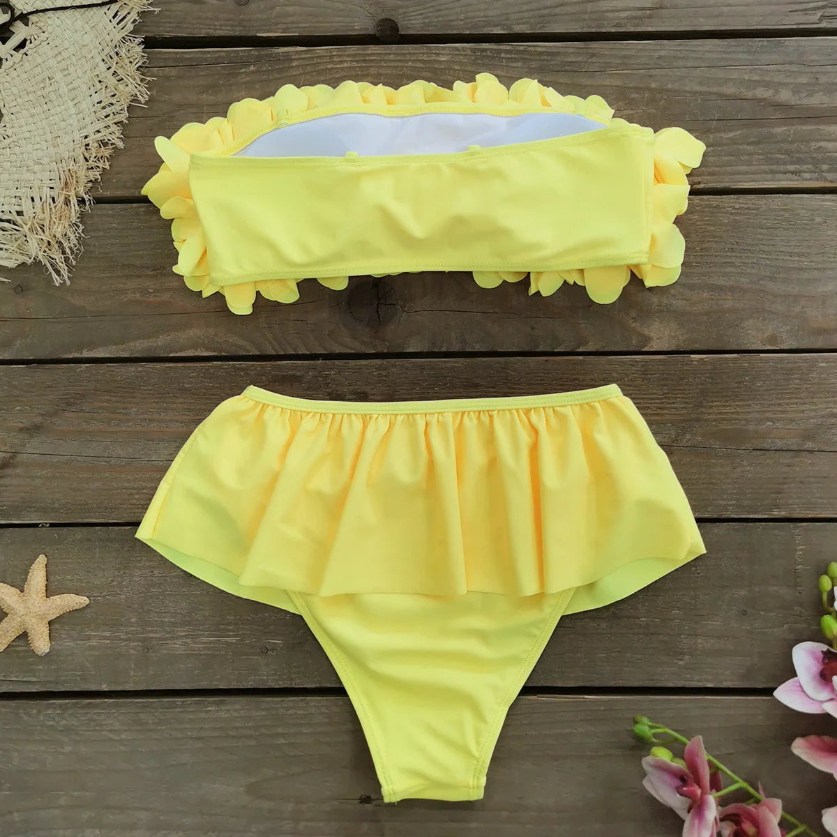 2025 Summer New Sexy Petal Push Up Backless Bikini Set Women Fashion Flower Ruffles Bikini Lady Solid Beachwear Bathing Suit