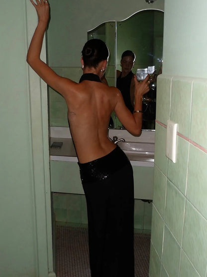 Sisterlinda Backless Fashion Dresses Elegant Halter Patchwork Draped Maxi Bodycon Female Solid Simple Evening Party Frock New