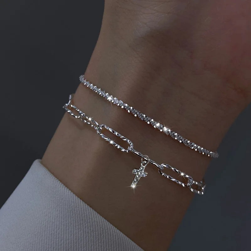2Pcs Korean Sparkling Bracelet Set For Women Silver Color Cross Charm Chain Bangle Wristband Female Fashion Party Jewelry