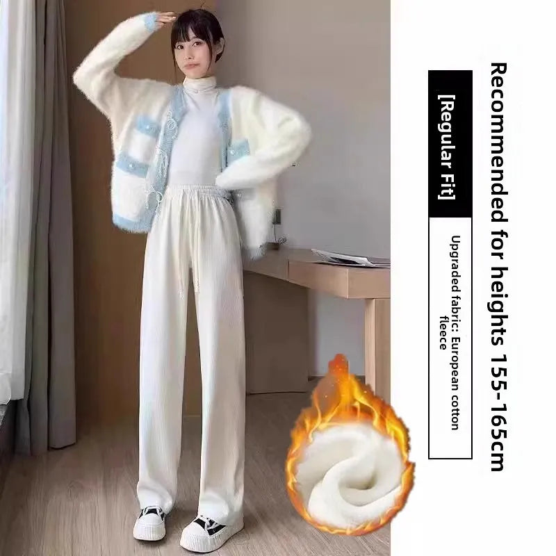 High Waist Wide Leg Pants Women's Autumn Winter Flannel Fce Lined Straight Cut Trousers Casual High Waist Pants