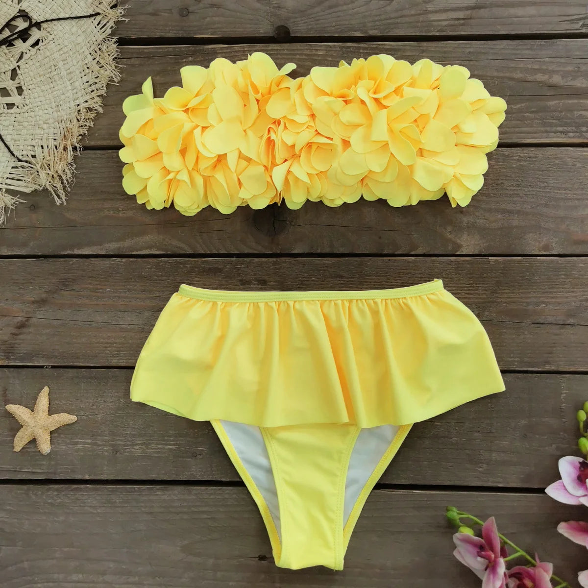 2025 Summer New Sexy Petal Push Up Backless Bikini Set Women Fashion Flower Ruffles Bikini Lady Solid Beachwear Bathing Suit