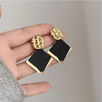 Double Layers Big Square Black Rhombus Metal Fold Drop Earrings Trendy Geometry Sequins Statement Brincos for Women Jewelry Gift