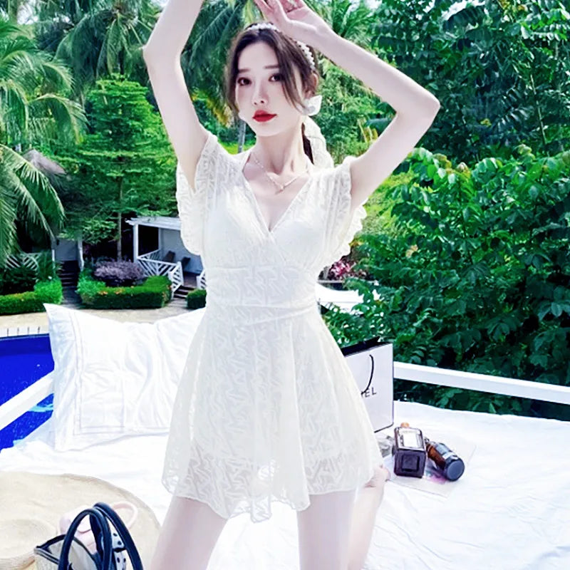 Ele Lace One-Piece Swimsuit Women's High Waist Brief Svel Slimming Thermal Bathing Suit Casual  Color Swimwear