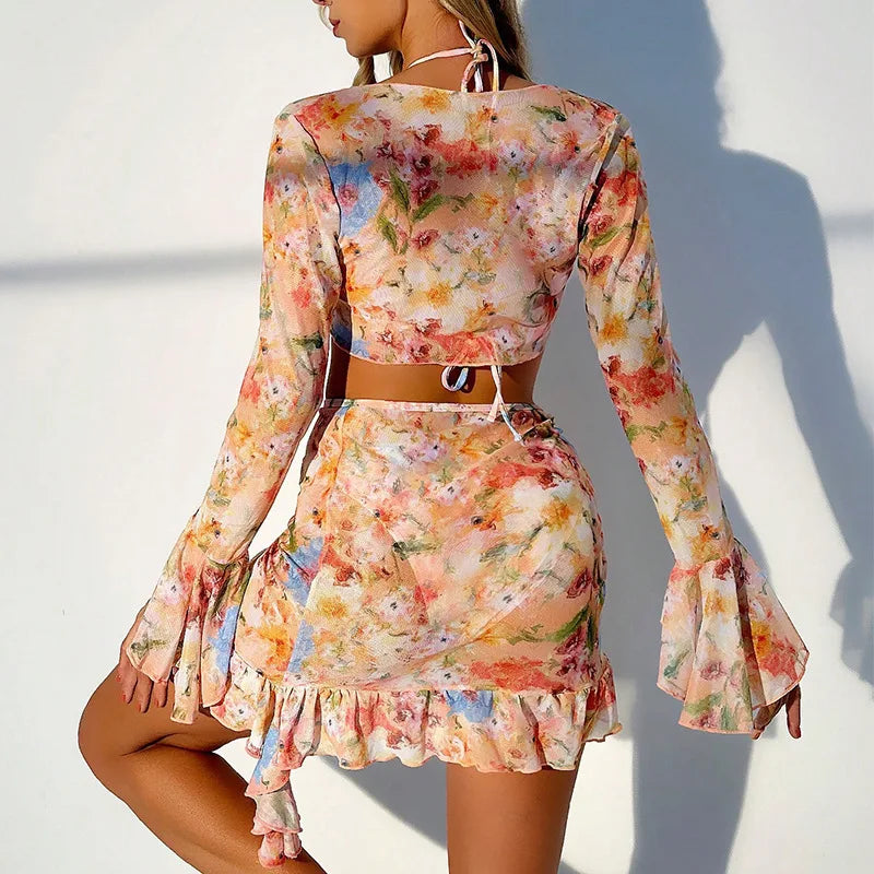 New Sexy Print Bikini Sets High Waist With Beach Skirt Long Sleeve Crop Top Swimwear Four Piece Bikini Set