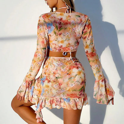 New Sexy Print Bikini Sets High Waist With Beach Skirt Long Sleeve Crop Top Swimwear Four Piece Bikini Set
