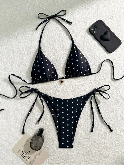 Sexy Bikini Set Black White Polka Dot 2 Piece Swimsuit for Women American Style Beach Bikini