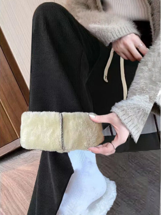 High Waist Wide Leg Pants Women's Autumn Winter Flannel Fce Lined Straight Cut Trousers Casual High Waist Pants