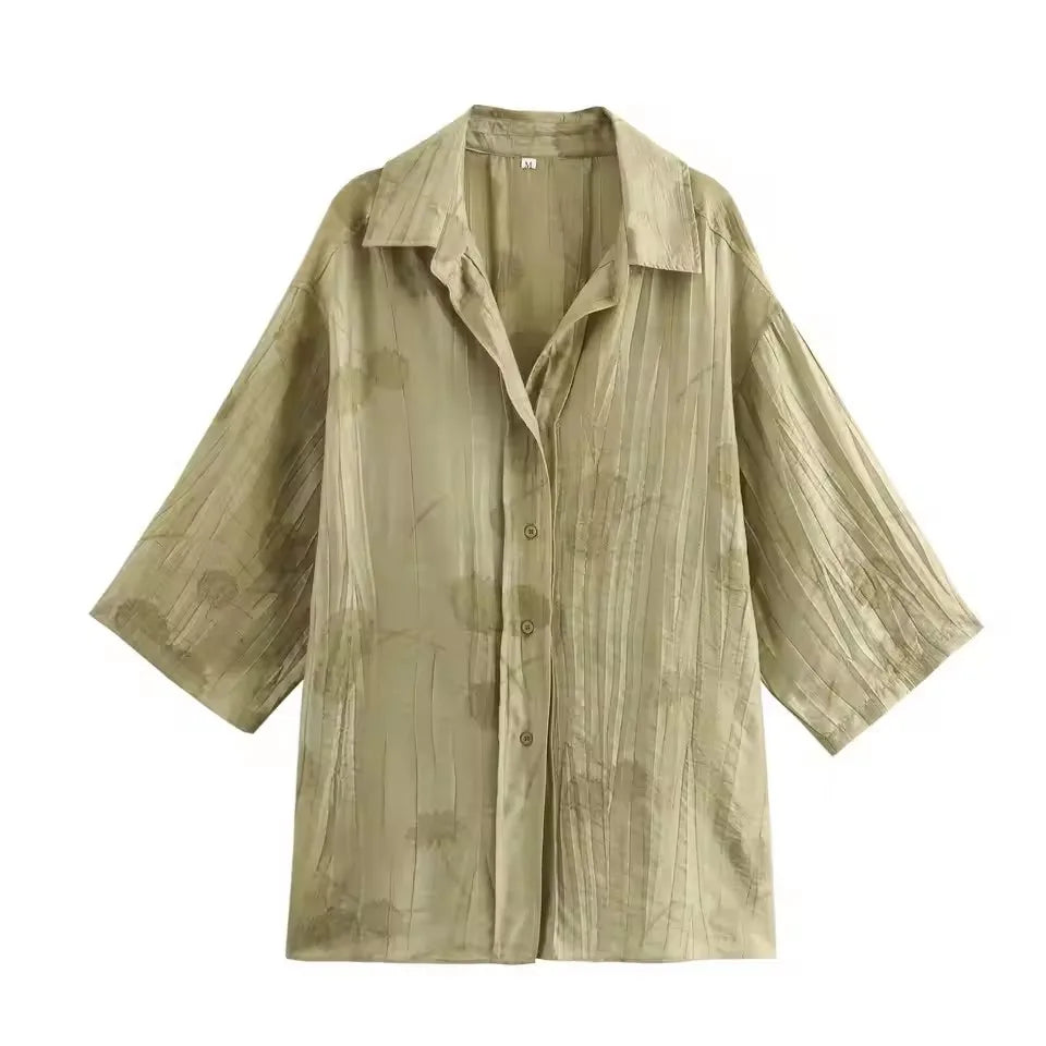 Women Print Long Pants Sets For Women Lapel Half Sleeve Single Breasted Shirts + High Waist Lace-Up Wide Leg Pants