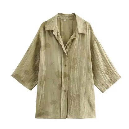 Women Print Long Pants Sets For Women Lapel Half Sleeve Single Breasted Shirts + High Waist Lace-Up Wide Leg Pants