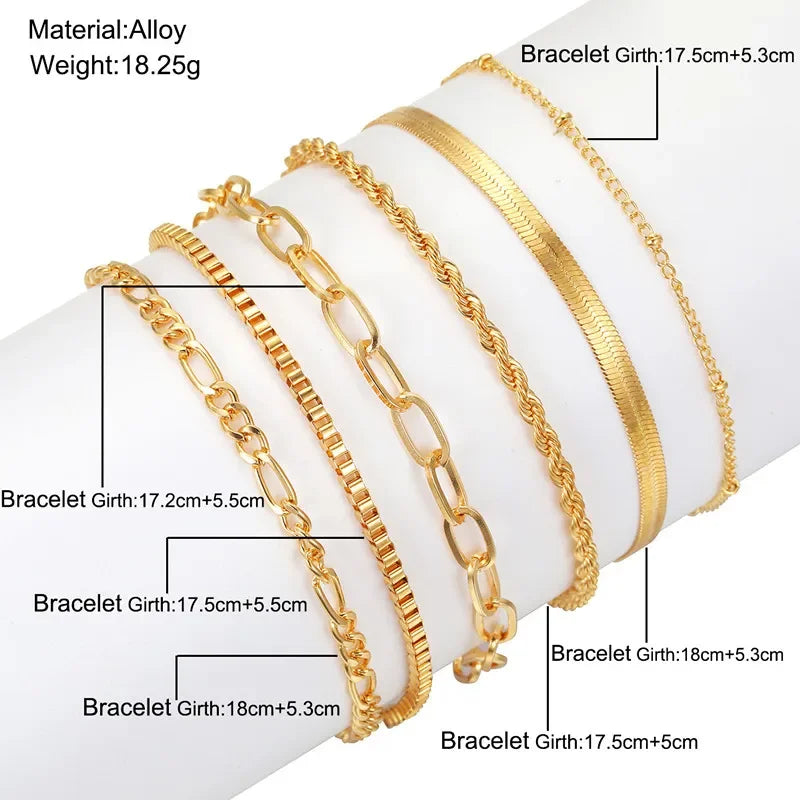 Bohemian Minimalist Metal Chain Women's Set of 6 Multi-layer Chain Simple Fashionable Bracelets Wedding Jewelry Birthday Gifts