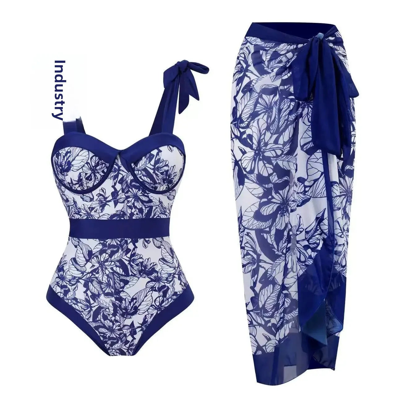 Conservative Bikini One-Piece Swimsuit with Beach Skirt Shantung Wrap for Hot Springs Women's Fashion Swimming Costume