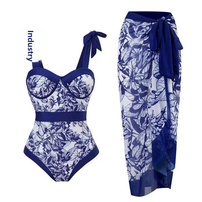 Conservative Bikini One-Piece Swimsuit with Beach Skirt Shantung Wrap for Hot Springs Women's Fashion Swimming Costume