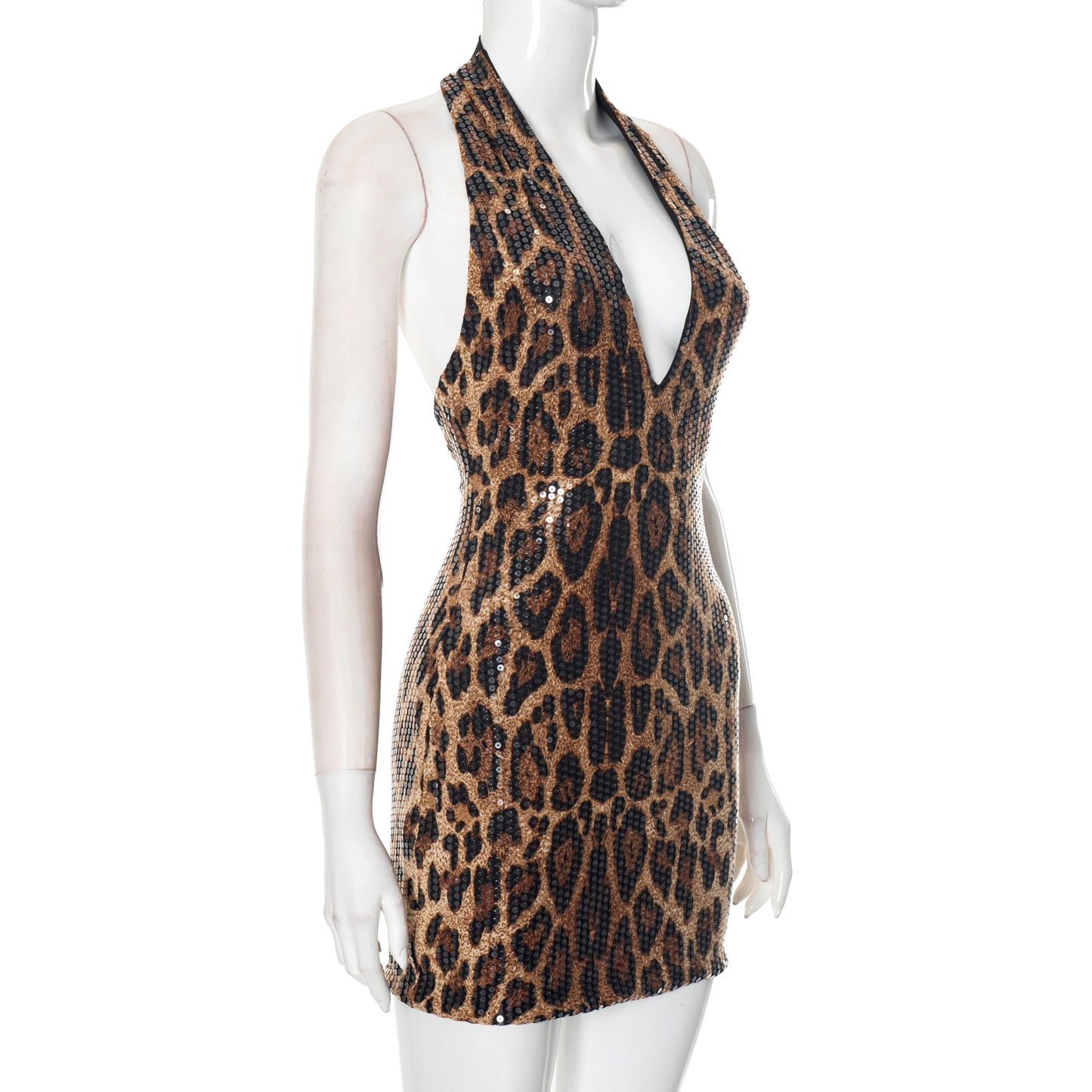 CUTENOVA 2025 Summer New Women'S Sexy Sleeveless Hanging Neck Leopard Print Beaded Deep V-Neck Revealing Backpack Hip Dresses