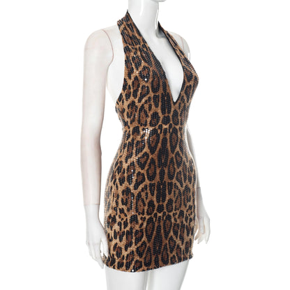 CUTENOVA 2025 Summer New Women'S Sexy Sleeveless Hanging Neck Leopard Print Beaded Deep V-Neck Revealing Backpack Hip Dresses