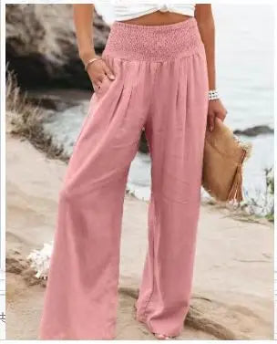 Women Pants Spring Summer Cotton Linen Loose Solid Elastic Waist Lady Casual Large Size Street Long Wide-leg Cloth Available 4XL