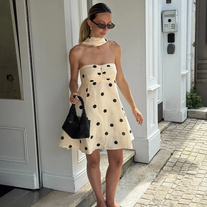 Ticketsx Polka Dot Dress Women's Sexy Scarf One Shoulder Backless Pleated Strapless Mini Dress Female Summer Luxury Loose Dress
