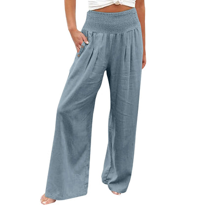 Fashion Cotton Linen Pants Women's Elastic High Waist Loose Wide Leg Pants With Pockets Solid Color Pleated Yoga Sports Pants