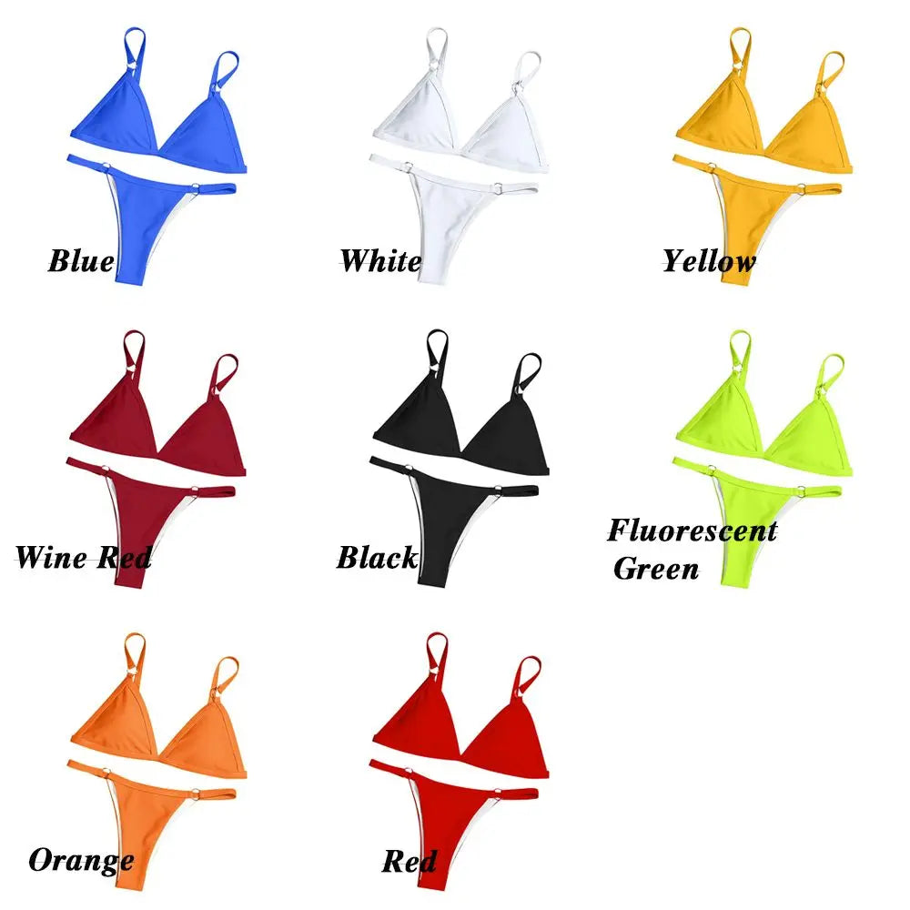Beach Low Waist Sexy Solid Color Sling Backless Two Piece Split Swimwear Swimsuit Bikini Set