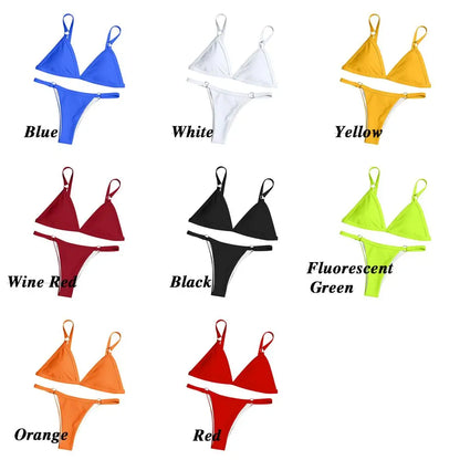 Beach Low Waist Sexy Solid Color Sling Backless Two Piece Split Swimwear Swimsuit Bikini Set